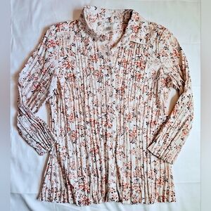 Como Womens Red And Pink Floral Pleated Button Up Collared Blouse Size Medium